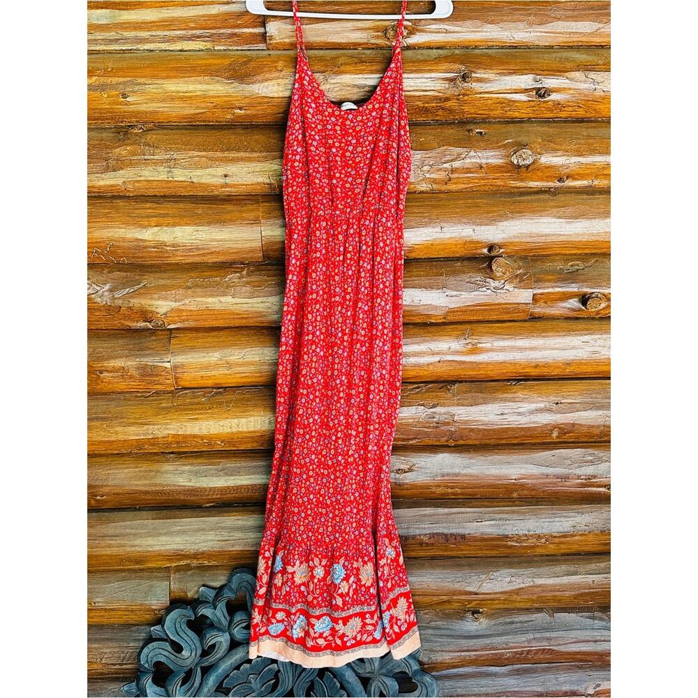 Red Floral Maxi Dress with Border Detail